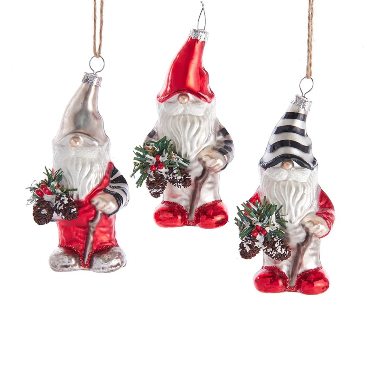 KSA Pack of 12 White and Red Gingham Holiday Gnome Christmas Ornaments 4.5"